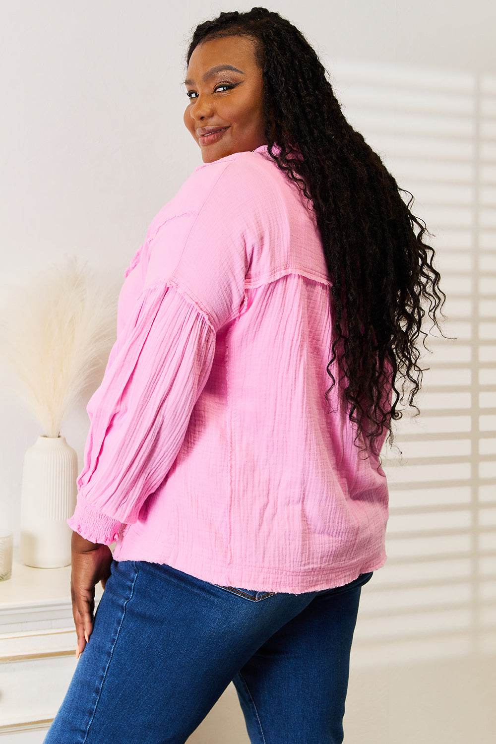 Double Take Exposed Seam Buttoned Notched Neck Blouse - Hovatok