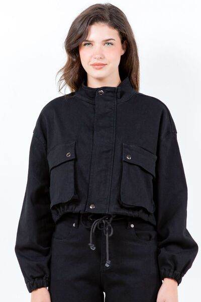 American Bazi Full Size Drawstring Hem Cargo Pocket Cropped Worker Jacket Plus Size - Hovatok