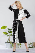 Celeste Full Size Polka Dot Front Tie Midi Dress Plus Size - Hovatok