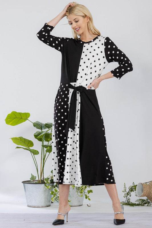 Celeste Full Size Polka Dot Front Tie Midi Dress Plus Size - Hovatok
