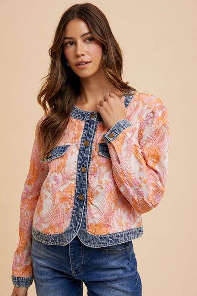 Annie Wear Floral Jacquard Denim Contrast Button Down Jacket - Hovatok
