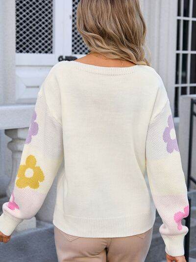 Angel Wings Flower Round Neck Dropped Shoulder Sweater - Hovatok