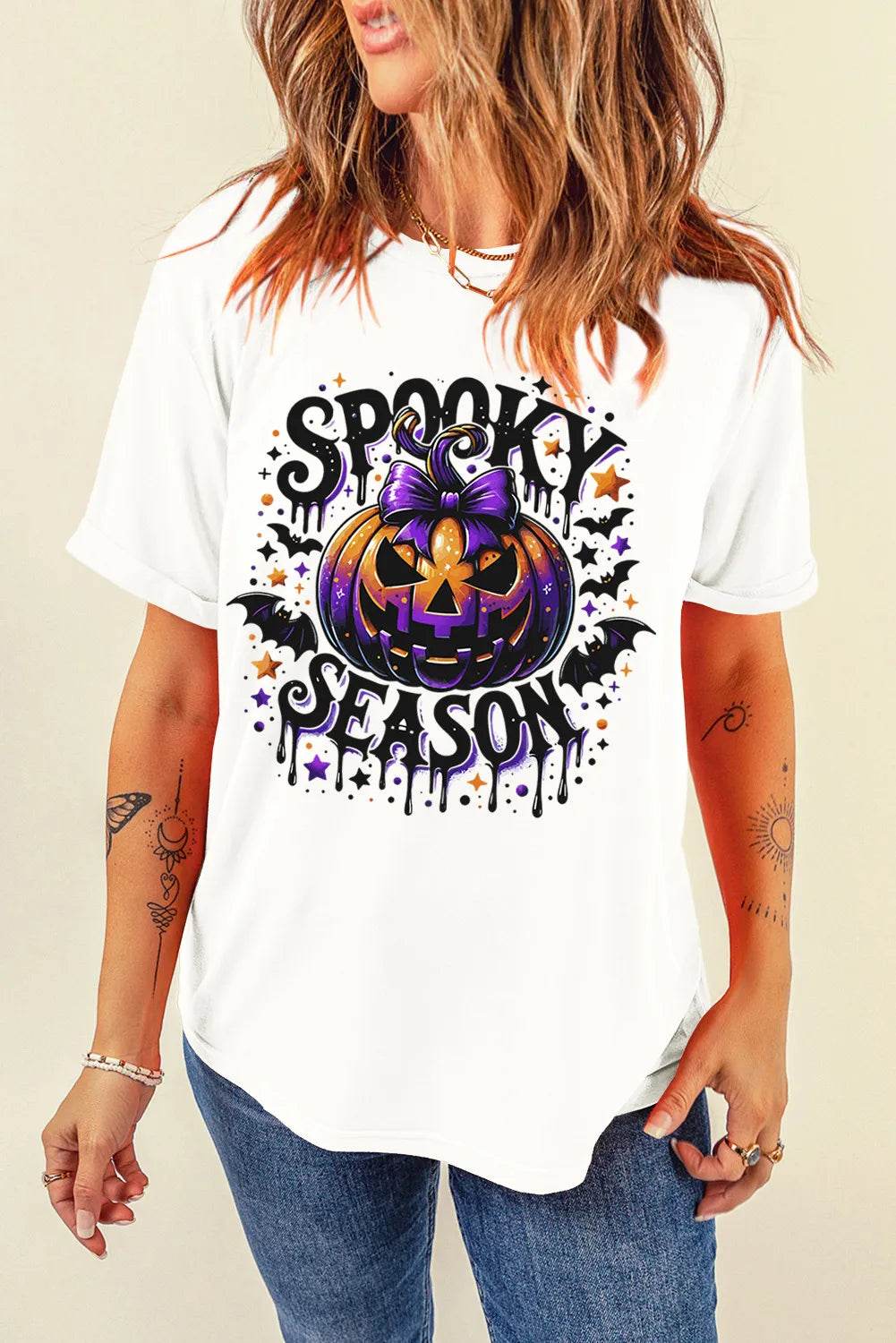 Full Size Jack-O'-Lantern Graphic Round Neck Short Sleeve T-Shirt - Hovatok
