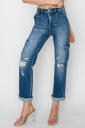 RISEN Full Size High Rise Cargo Ankle Roll Up Straight Jeans - Hovatok