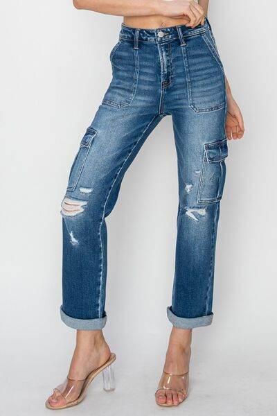 RISEN Full Size High Rise Cargo Ankle Roll Up Straight Jeans - Hovatok