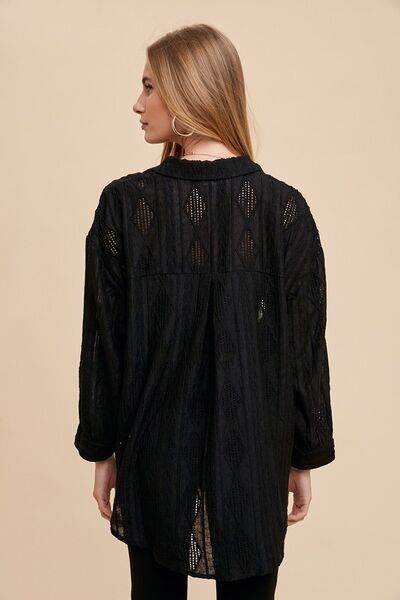 Annie Wear Openwork Button Down Drop Shoulder Shirt - Hovatok