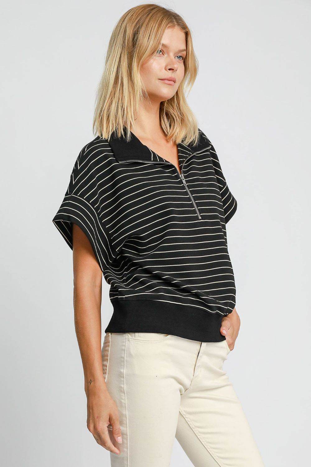 Umgee Striped Half Zip Short Sleeve Sweatshirt - Hovatok