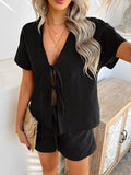 Devine Tied V-Neck Short Sleeve Top and Shorts Set - Hovatok