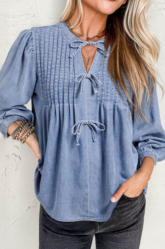 Bow Tie Long Sleeve Denim Top - Hovatok