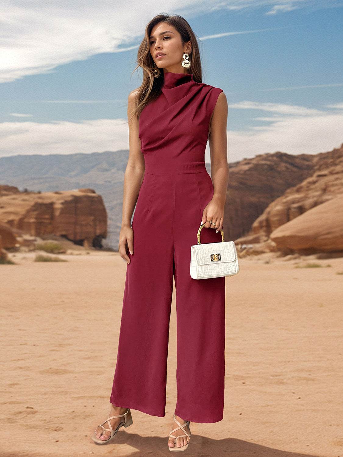 Perfee Ruched Mock Neck Sleeveless Jumpsuit - Hovatok
