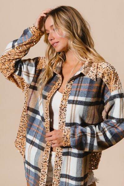 BiBi Curved Hem Sequin Plaid Button Up Shacket - Hovatok