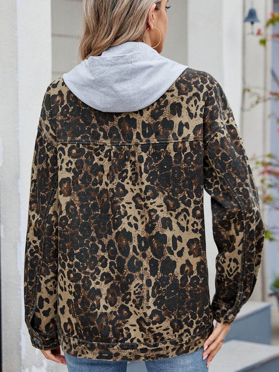 Pocketed Leopard Long Sleeve Denim Jacket - Hovatok