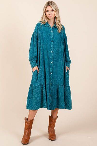 Mittoshop Mineral Wash Cotton Gauze Ruffle Midi Shirt Dress - Hovatok