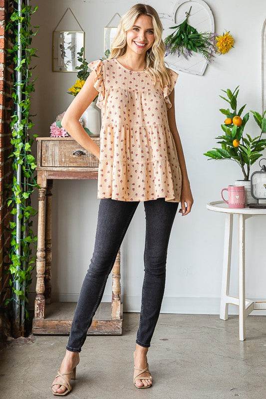 Heimish Full Size Butterfly Short Sleeve Round Neck Ditsy Floral Print Tiered Top Plus Size - Hovatok