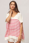 BiBi V Neck Striped Short Sleeve Top - Hovatok