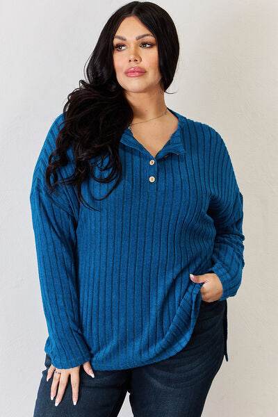 Basic Bae Full Size Ribbed Half Button Long Sleeve High-Low T-Shirt - Hovatok