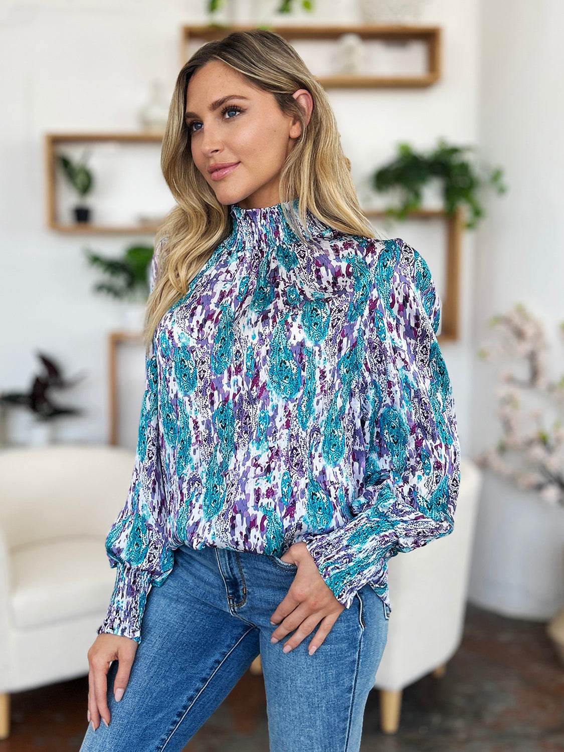 Double Take Full Size Printed Smocked Long Sleeve Blouse - Hovatok