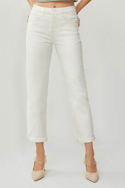 RISEN Full Size High Waist Rolled Hem Straight Jeans - Hovatok