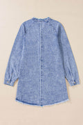 Raw Hem Button Down Long Sleeve Denim Dress - Hovatok