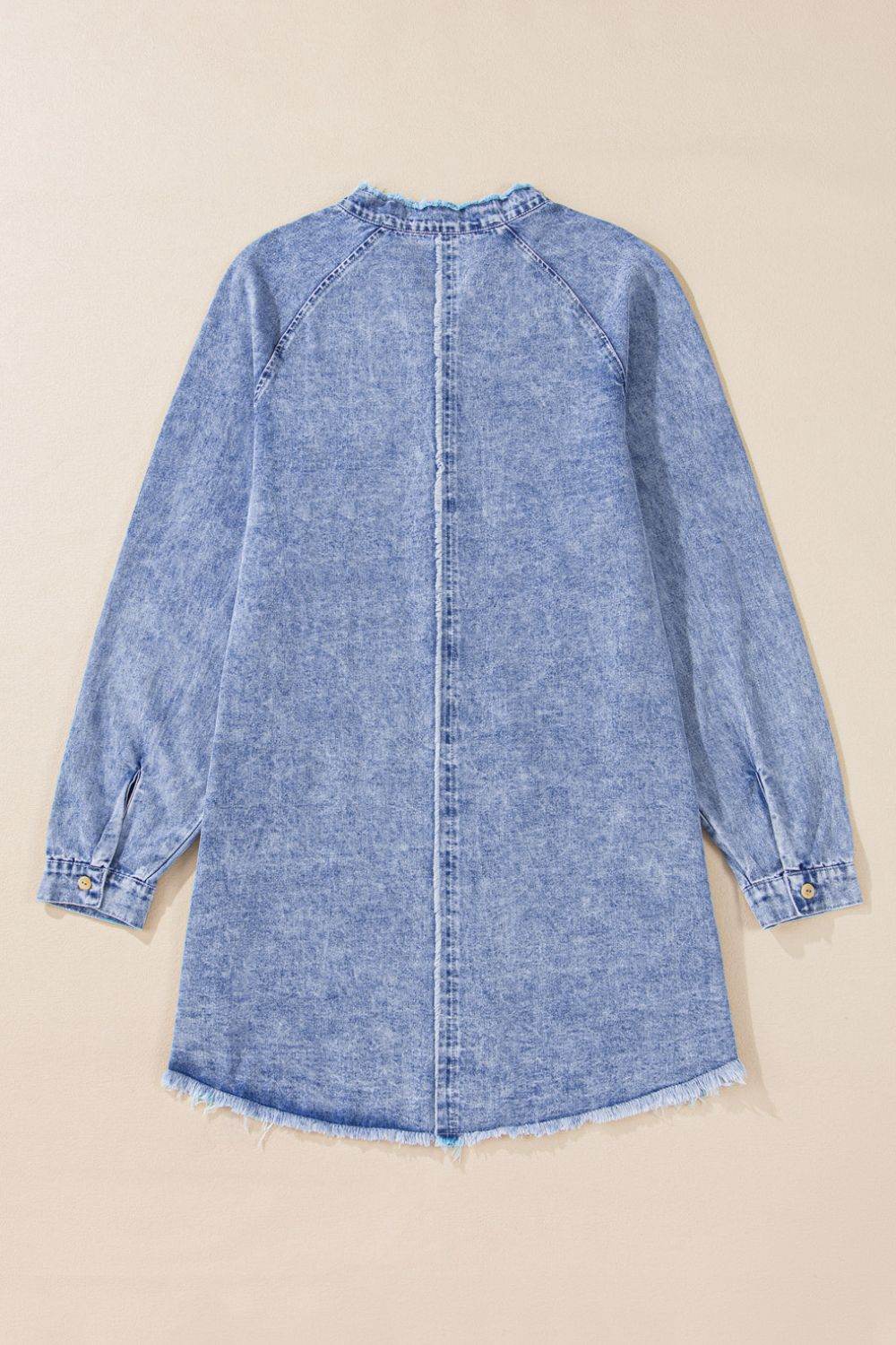 Raw Hem Button Down Long Sleeve Denim Dress - Hovatok
