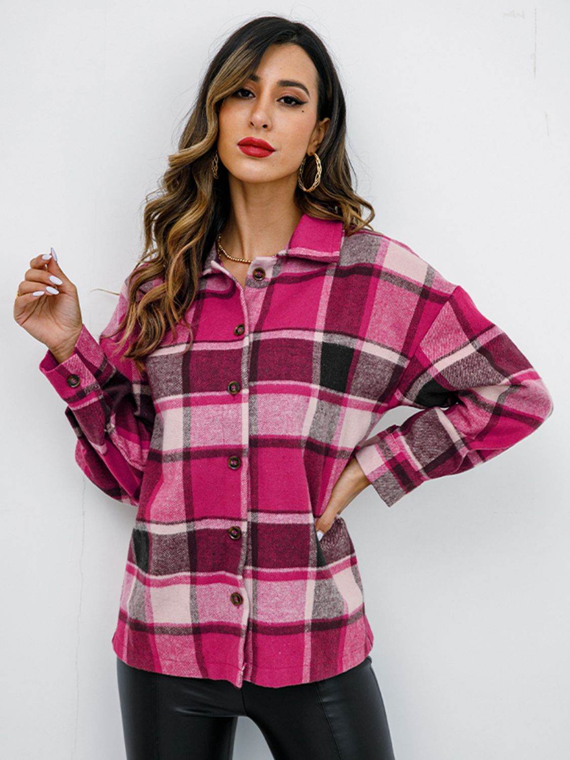 Shiny Plaid Button Up Collared Neck Jacket - Hovatok