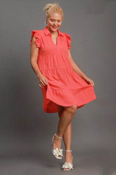 Umgee Full Size Johnny Collar Ruffle Cap Sleeve Tiered Dress Plus Size - Hovatok