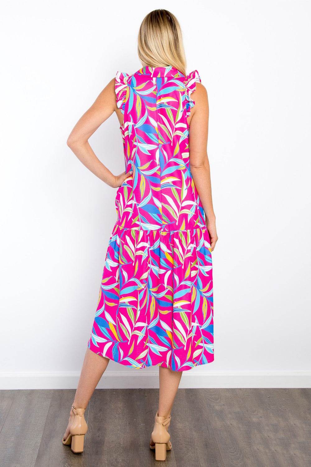 Be Stage Print Ruffled Midi Dress with Pockets - Hovatok