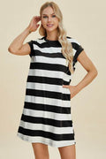 Basic Bae Full Size Striped Round Neck Cap Sleeve Mini Dress - Hovatok