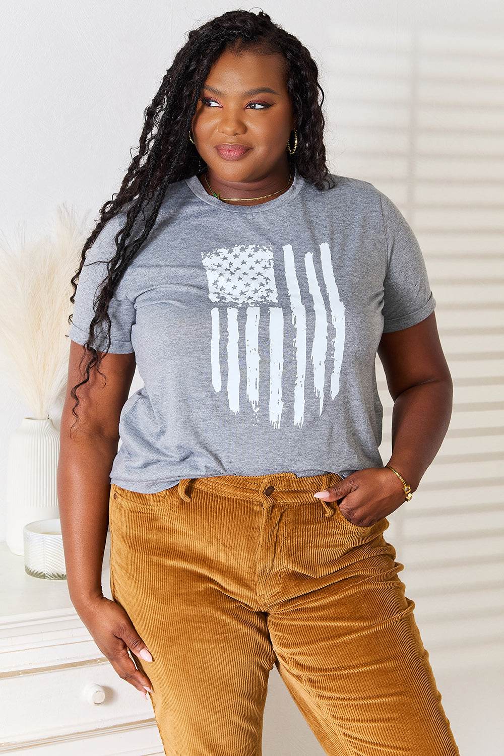 Simply Love US Flag Graphic Cuffed Sleeve T-Shirt - Hovatok