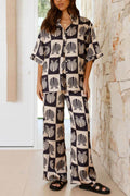 Printed Collared Neck Top and Wide Leg Pants Set - Hovatok