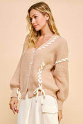 Davi & Dani Lace-Up Ribbon Bow Button Down Cardigan - Hovatok