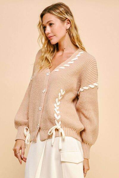 Davi & Dani Lace-Up Ribbon Bow Button Down Cardigan - Hovatok