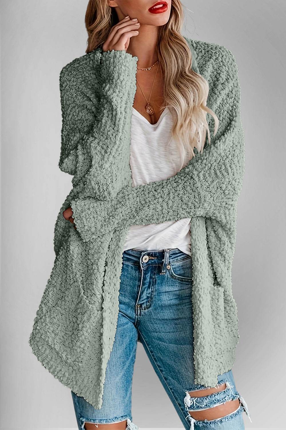 Double Take Pocketed Open Front Long Sleeve Cardigan - Hovatok