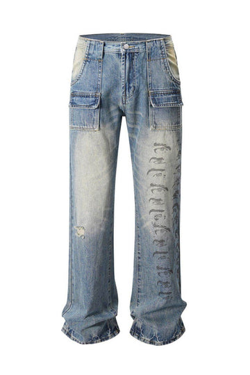Men's Distressed Detail Printed Baggy Jeans - Hovatok