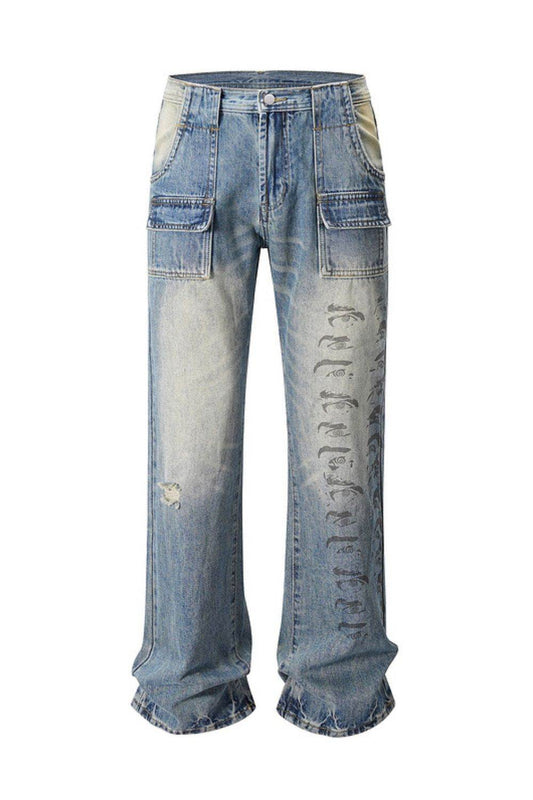 Men's Distressed Detail Printed Baggy Jeans - Hovatok