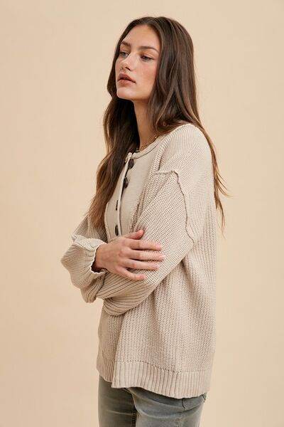 Annie Wear Half Button Ribbed Hem Sweater - Hovatok