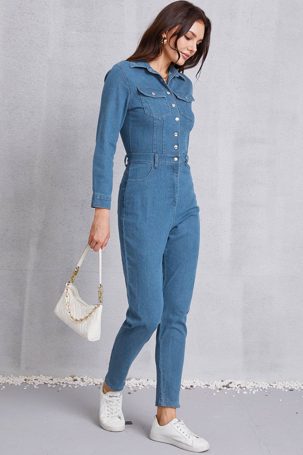 Snap Down Denim Jumpsuit with Pockets - Hovatok