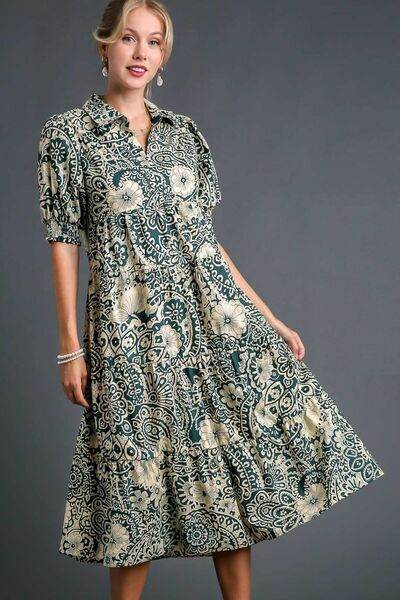 Umgee Full Size Printed Smocked Cuff Puff Sleeve Midi Dress Plus Size - Hovatok