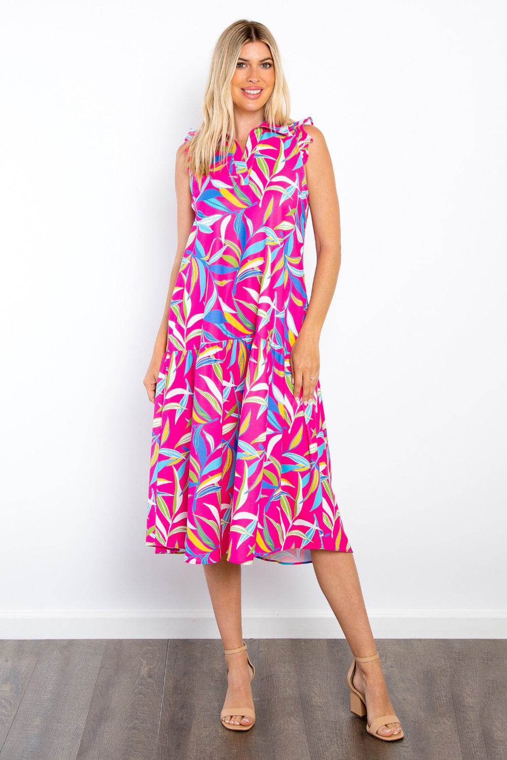 Be Stage Print Ruffled Midi Dress with Pockets - Hovatok