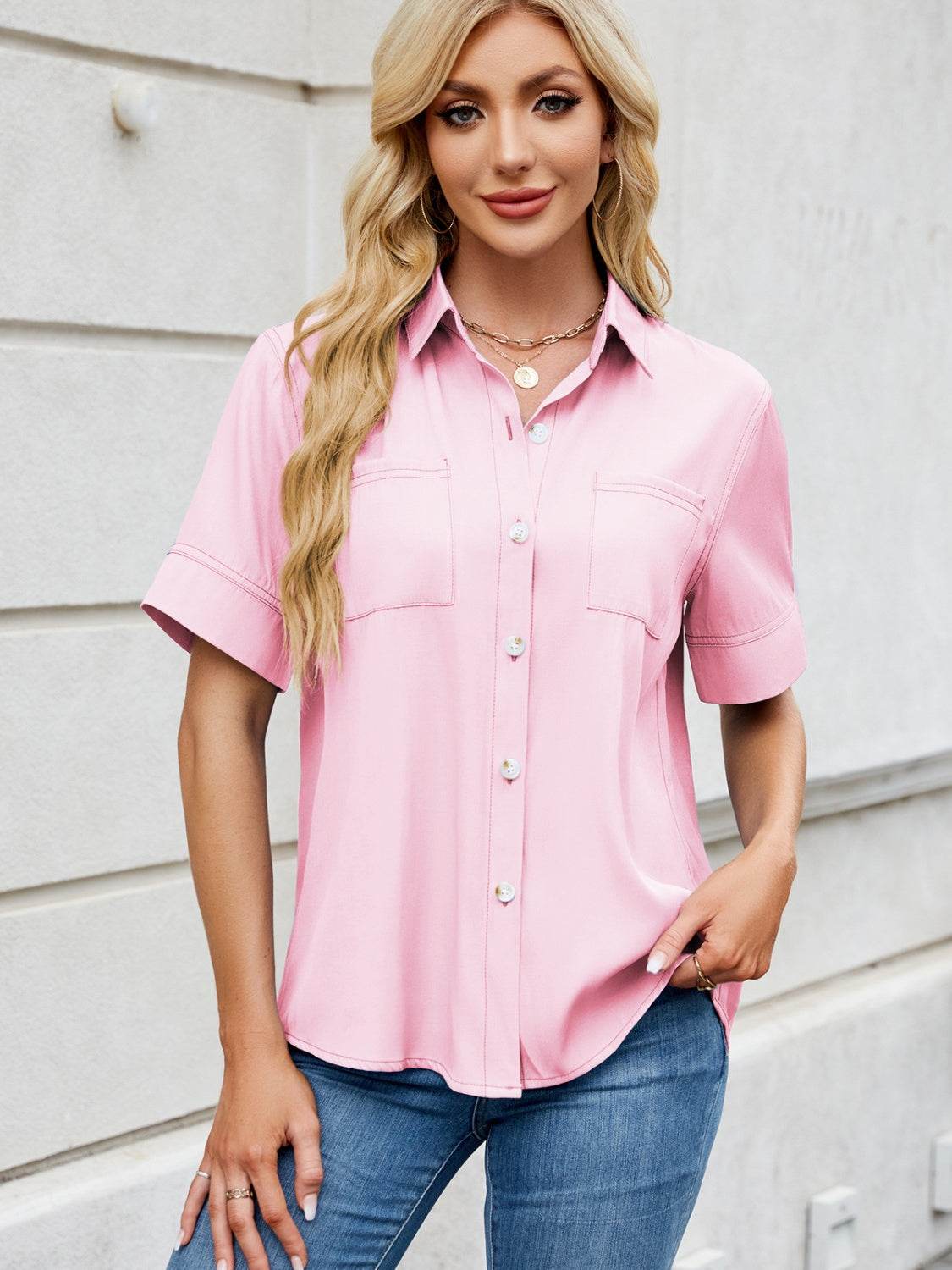 Collared Neck Short Sleeve Shirt - Hovatok