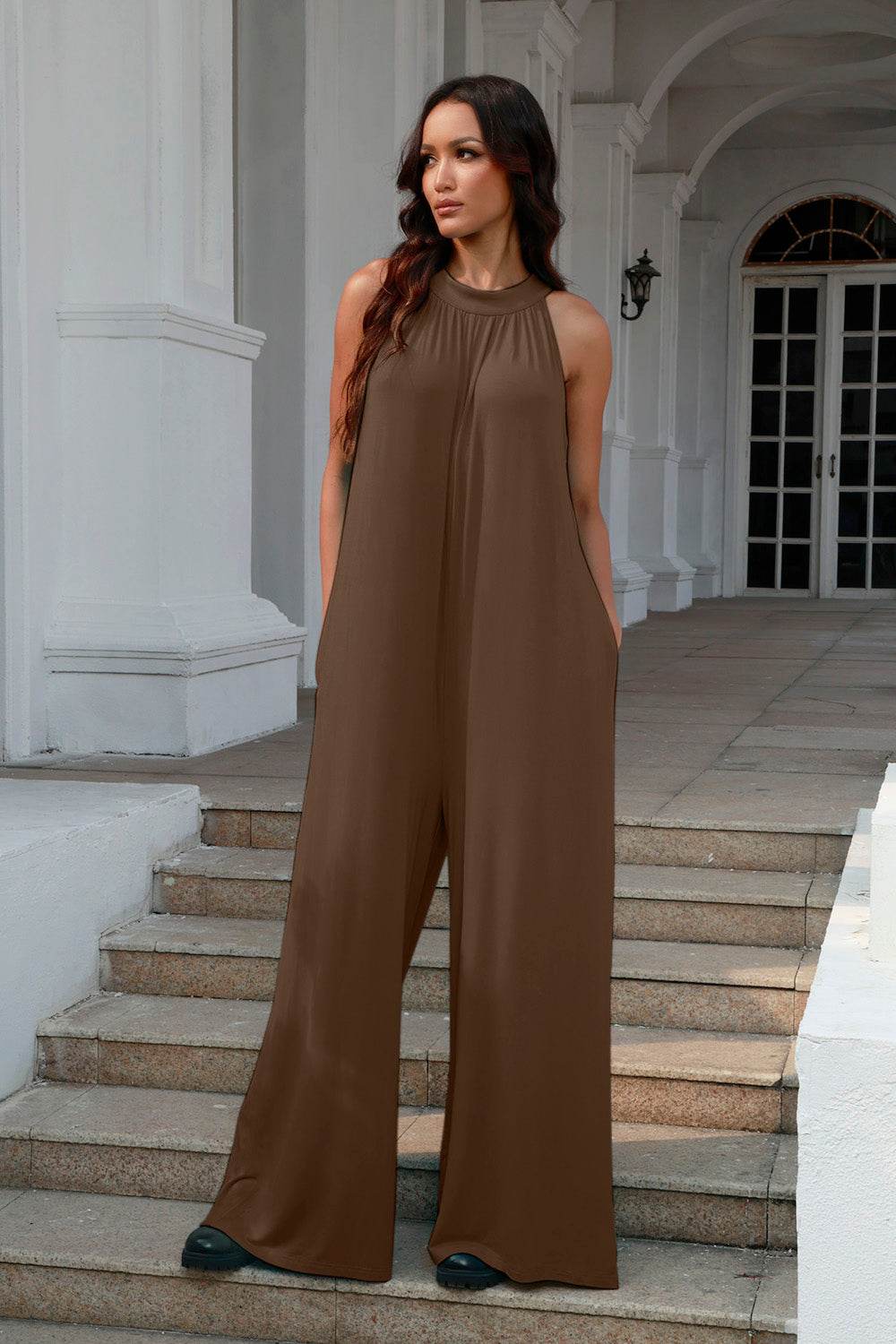 Double Take Full Size Tie Back Cutout Sleeveless Jumpsuit - Hovatok