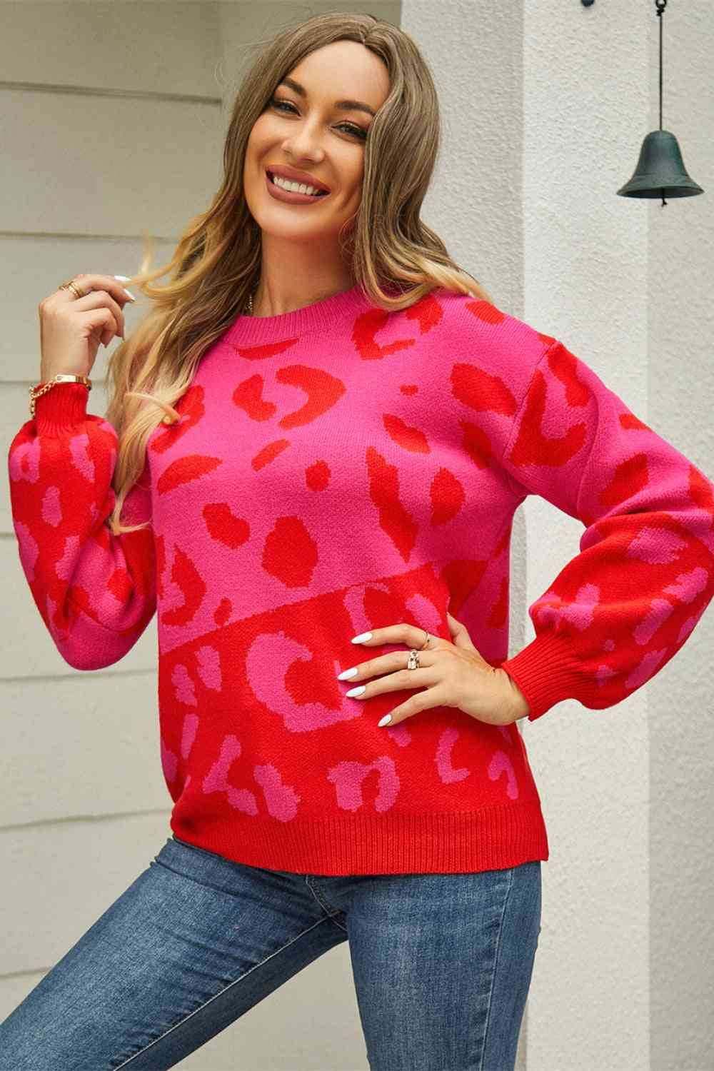 Angel Wings Woven Right Leopard Round Neck Dropped Shoulder Sweater - Hovatok