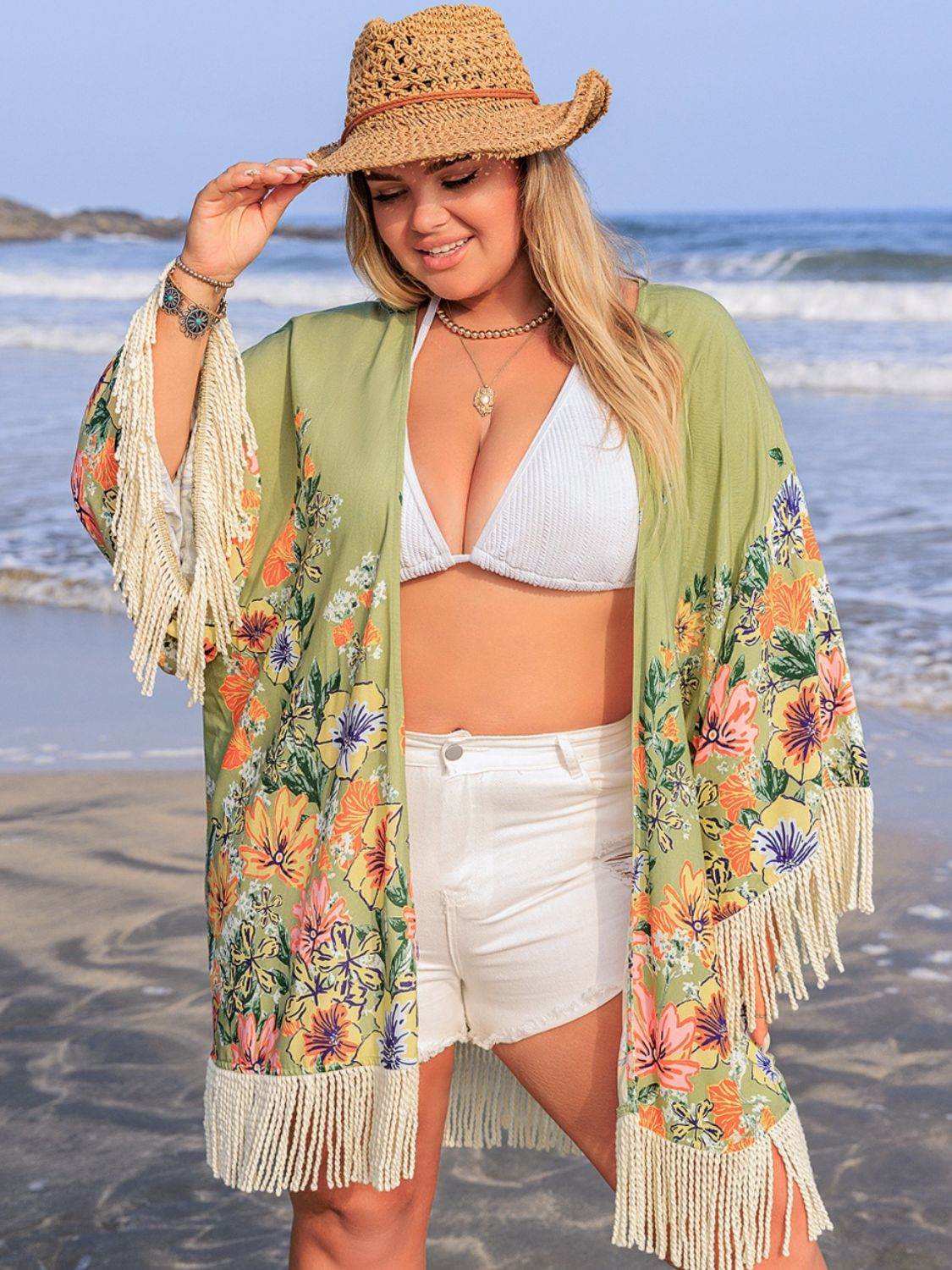 Plus Size Fringe Open Front Cover-Up - Hovatok