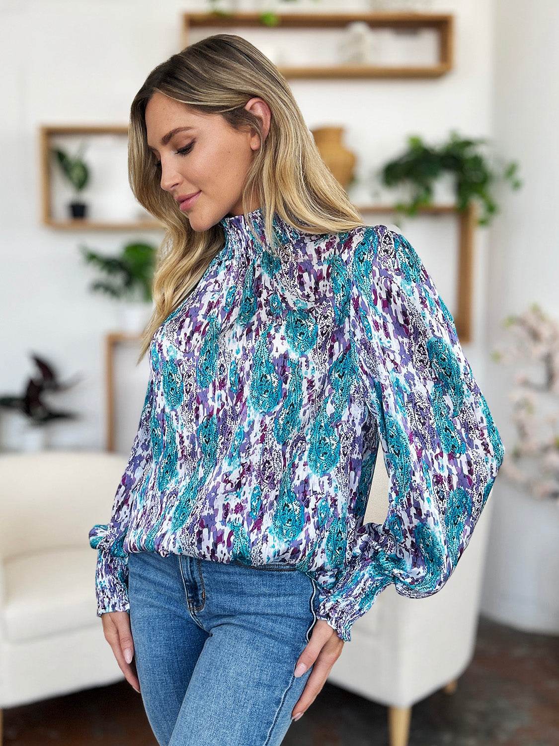 Double Take Full Size Printed Smocked Long Sleeve Blouse - Hovatok