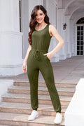 Drawstring Round Neck Sleeveless Jumpsuit - Hovatok