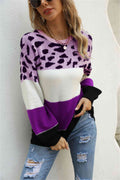 Angel Wings Color Block Round Neck Lantern Sleeve Sweater - Hovatok