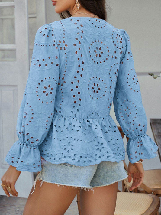 Devine Tie Front Flounce Sleeve Peplum Blouse - Hovatok