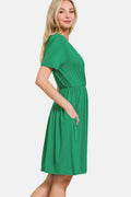 Zenana Surplice Short Sleeve Brushed DTY Dress - Hovatok