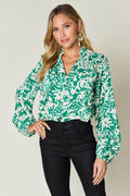 Double Take Full Size Printed Ruffle Trim Balloon Sleeve Shirt - Hovatok