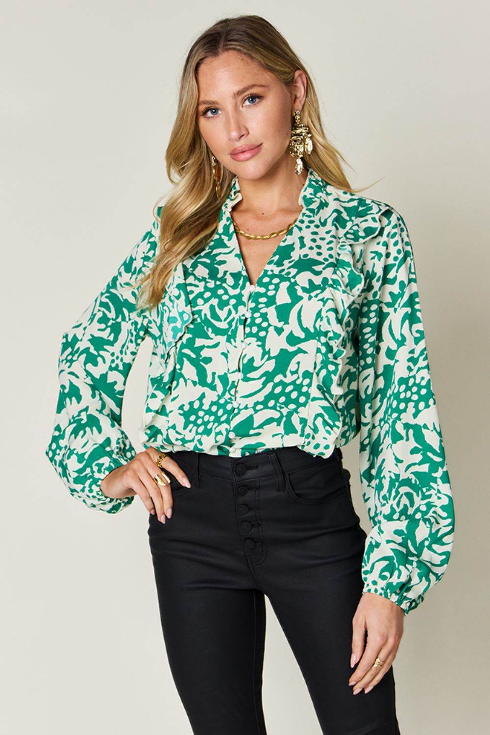 Double Take Full Size Printed Ruffle Trim Balloon Sleeve Shirt - Hovatok